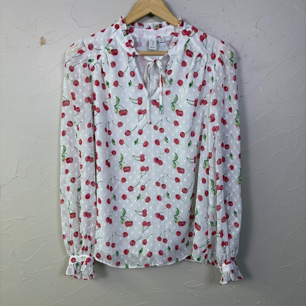 Joie Cherry Print Ruffle Blouse Women Size M White Red Long Sleeve Swiss Dot